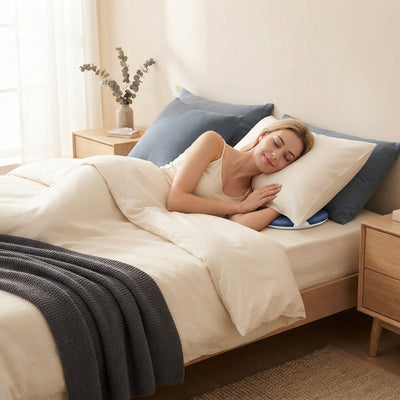 A relaxed person lying in a modern bed with neutral bedding, featuring the portable speaker tucked under a pillow.