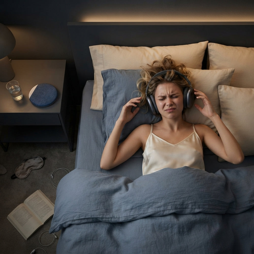 A person lying in bed looking frustrated while wearing uncomfortable headphones, with a pillow speaker resting on a nightstan